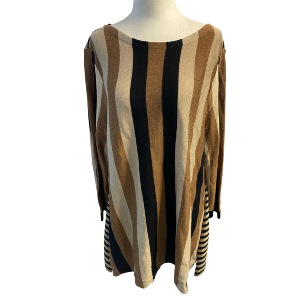Chico's Trapeze Tunic Sweater Black, Brown, Tan, Cream Striped Elegant Tiny Pull - Picture 3 of 17